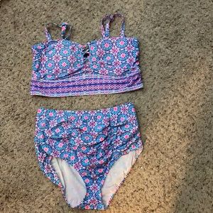 Pink and blue print two piece swimsuit
